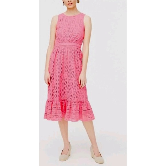 J. Crew Eyelet Ruffle Sleeve Tiered Midi Dress Pink Size 14 NWOT - Picture 1 of 8